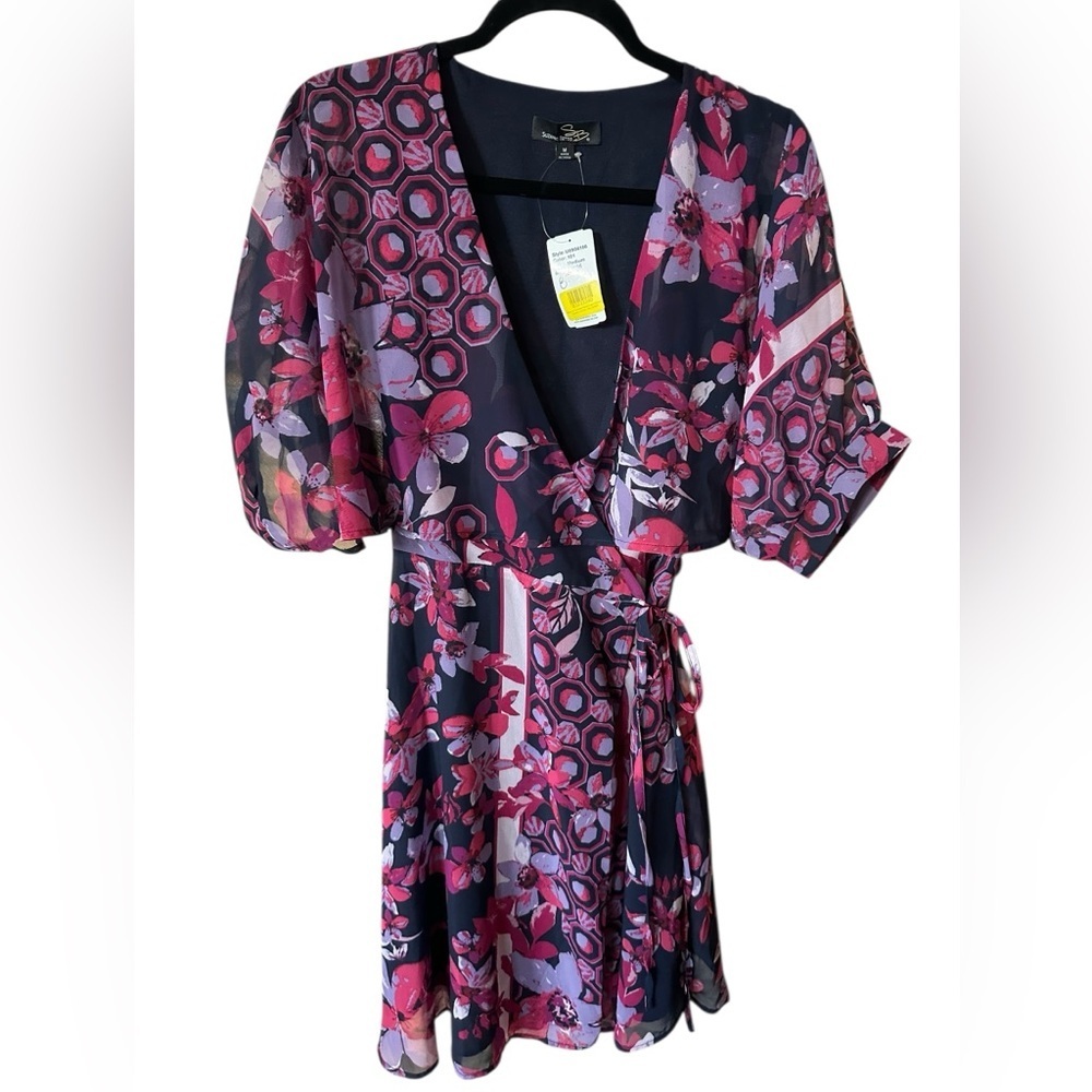 Suzanne Betro Black floral wrapped around dress size M